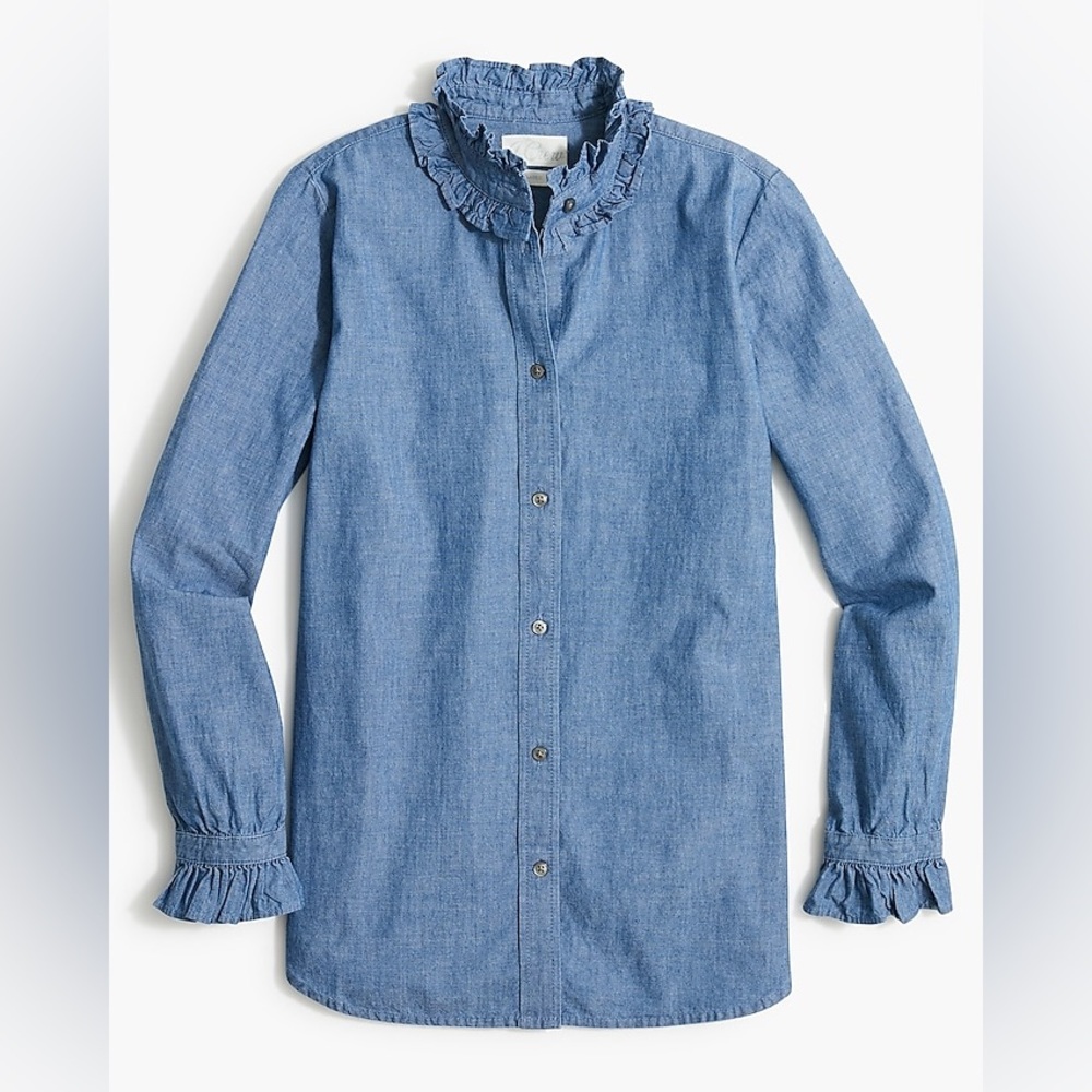 J. Crew Classic-fit ruffleneck chambray shirt size 2/xs